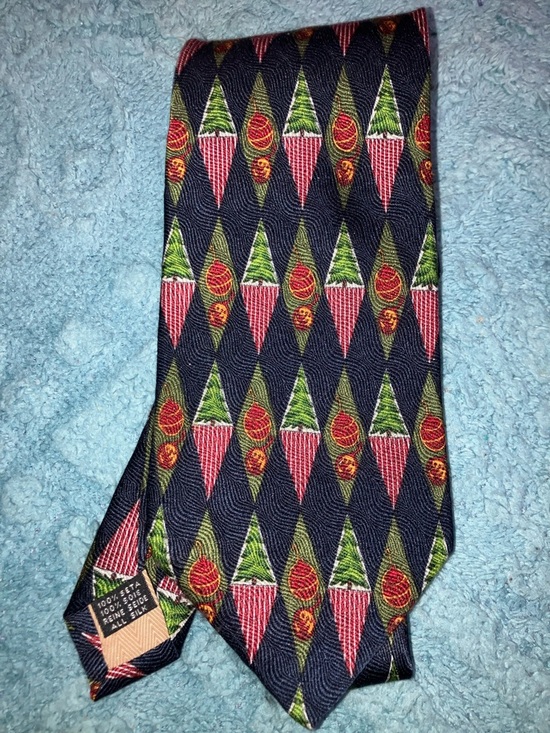 XYZ Other - XYZ INC. Navy Silk Tie with Red and Green Holiday Trees & Ornaments Motif Silk
